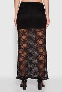 Womens Chic Lace Fold Over Ruched Maxi Skirt, Black, Size XL