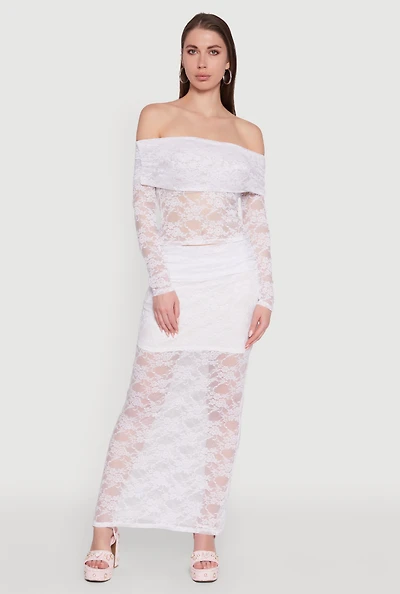 Womens Chic Lace Fold Over Ruched Maxi Skirt, White, Size XL