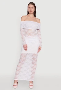 Womens Chic Lace Fold Over Ruched Maxi Skirt, White, Size XL