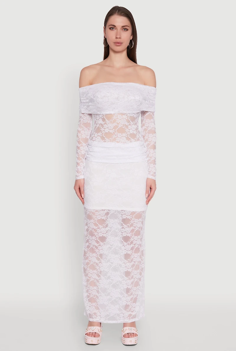 Womens Chic Lace Fold Over Ruched Maxi Skirt, White, Size S