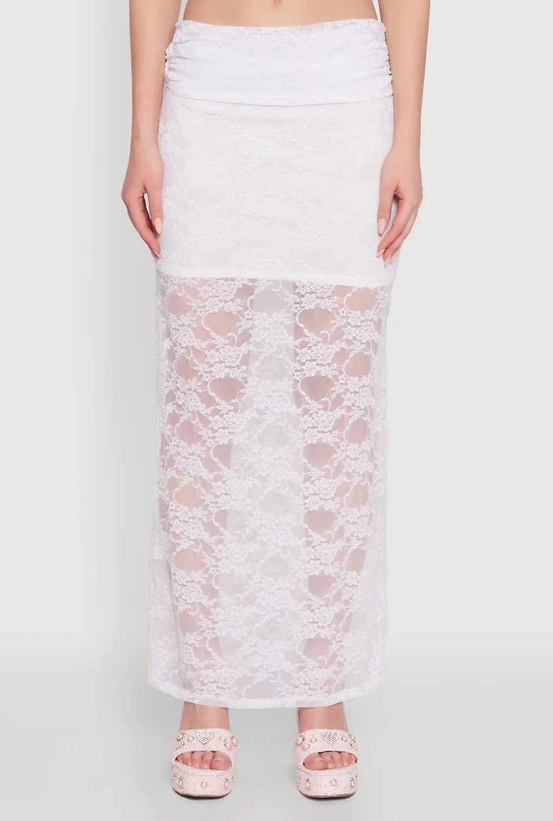 Womens Chic Lace Fold Over Ruched Maxi Skirt, White, Size XL