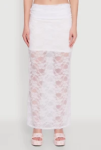 Womens Chic Lace Fold Over Ruched Maxi Skirt, White, Size XL