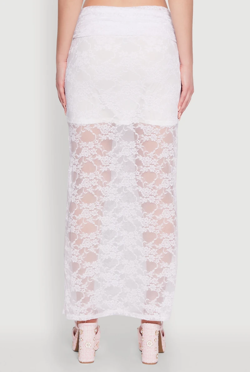 Womens Chic Lace Fold Over Ruched Maxi Skirt, White, Size XL