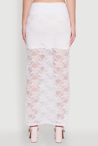 Womens Chic Lace Fold Over Ruched Maxi Skirt, White, Size XL