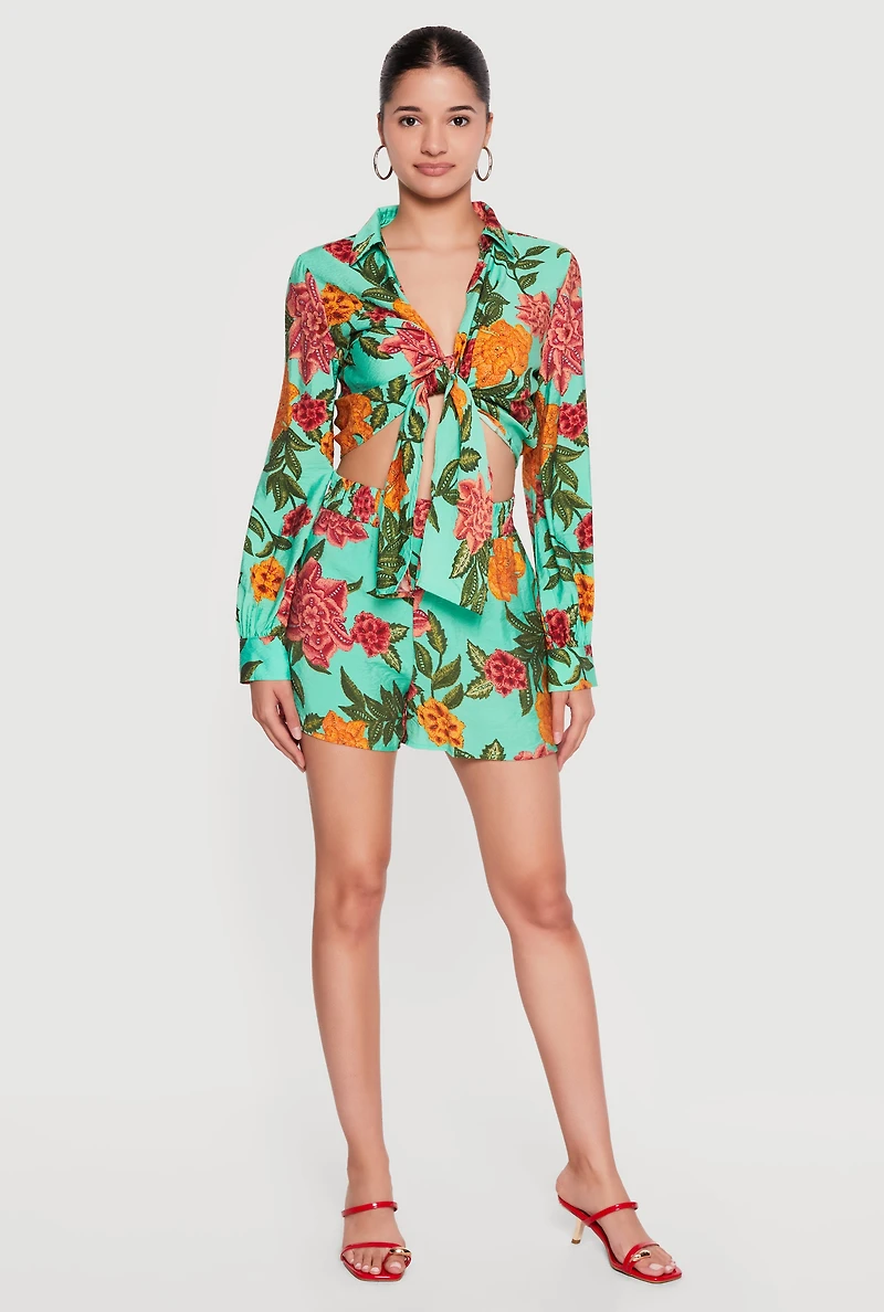 Floral Long Sleeve Tie Front Cropped Shirt