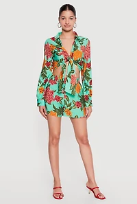 Floral Long Sleeve Tie Front Cropped Shirt