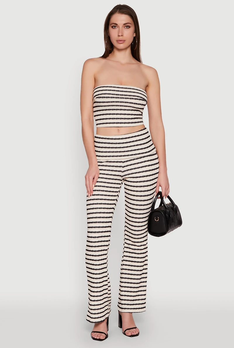 Womens Stylish Fold Over Striped Flare Leg Casual Pants, Multi, Size L