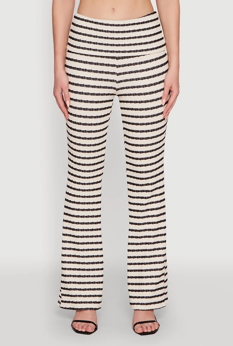 Womens Stylish Fold Over Striped Flare Leg Casual Pants, Multi, Size L