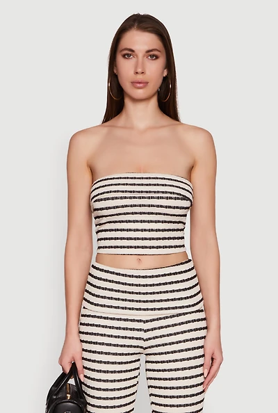 Womens Striped Foldover Tube Top with Cropped Hem, Multi, Size M