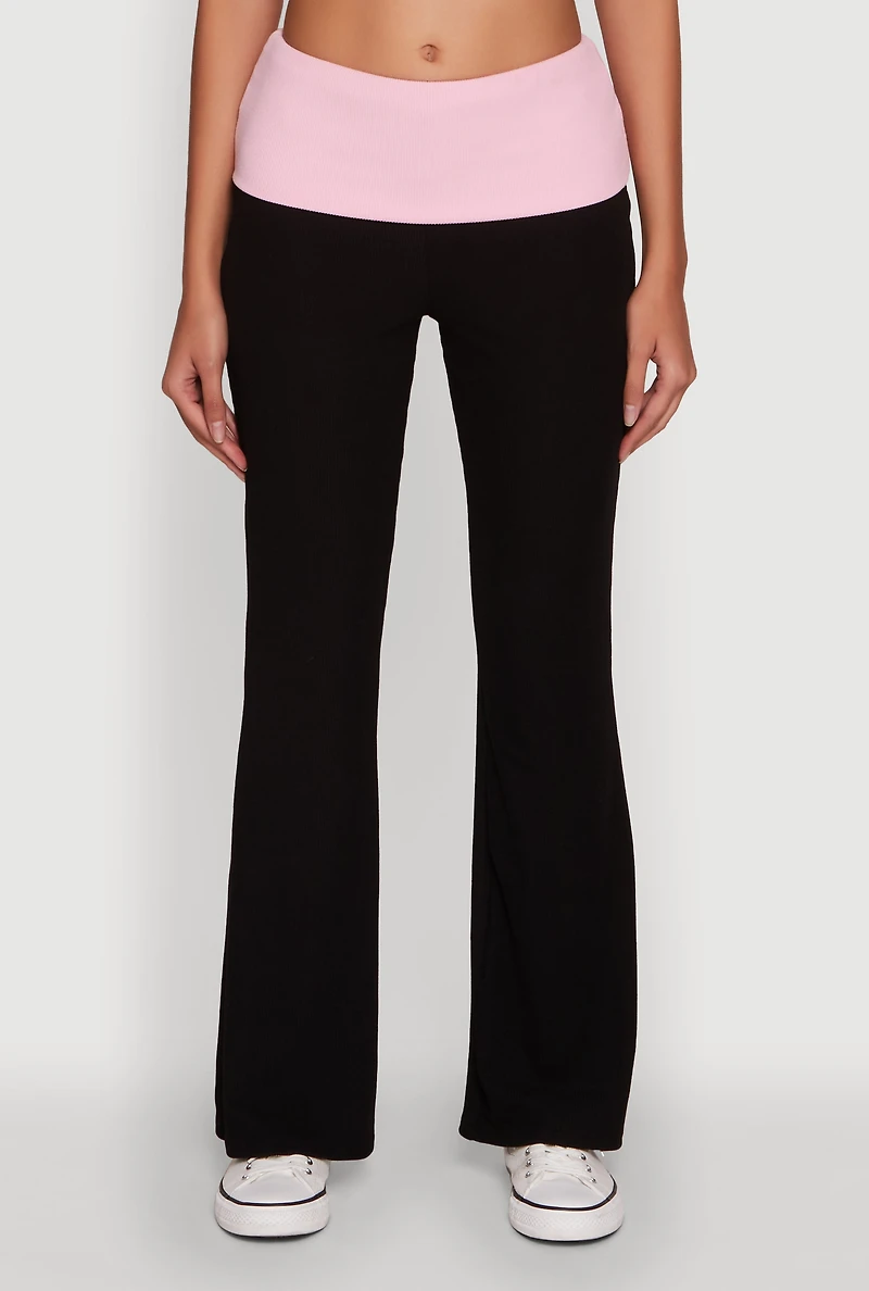 Womens Stylish Rib Knit Contrast Fold Over Bootcut Pants, Multi,
