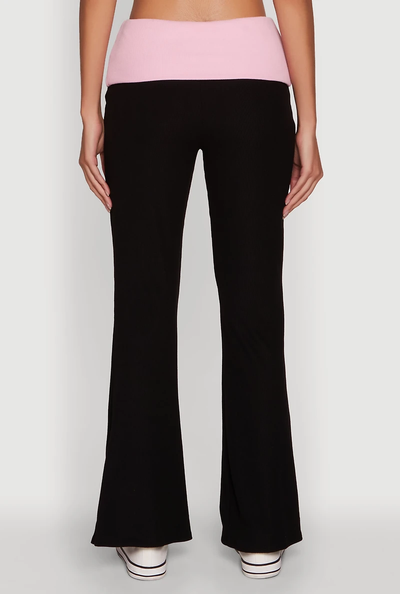Womens Stylish Rib Knit Contrast Fold Over Bootcut Pants, Multi,