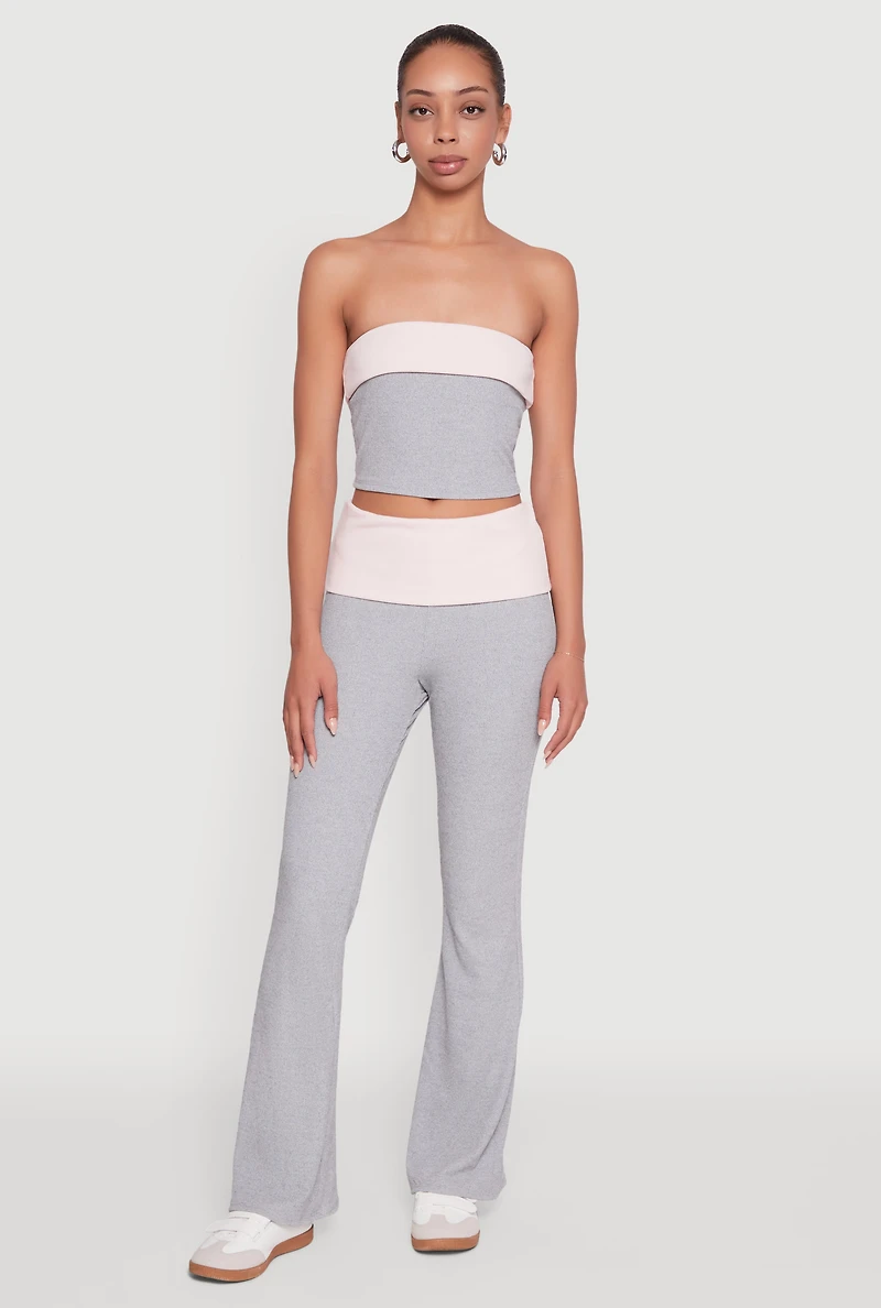 Womens Stylish Rib Knit Contrast Fold Over Bootcut Pants, Multi,
