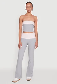 Womens Stylish Rib Knit Contrast Fold Over Bootcut Pants, Multi,