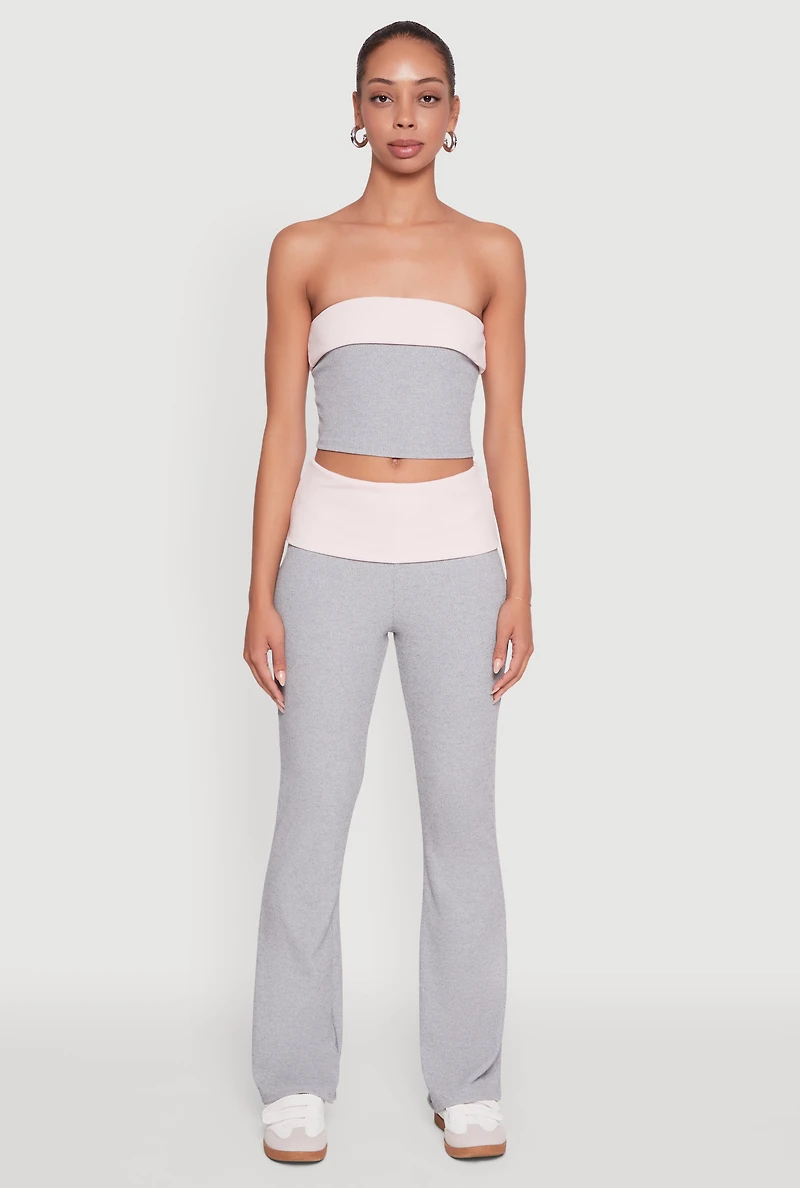 Womens Stylish Rib Knit Contrast Fold Over Bootcut Pants, Multi,