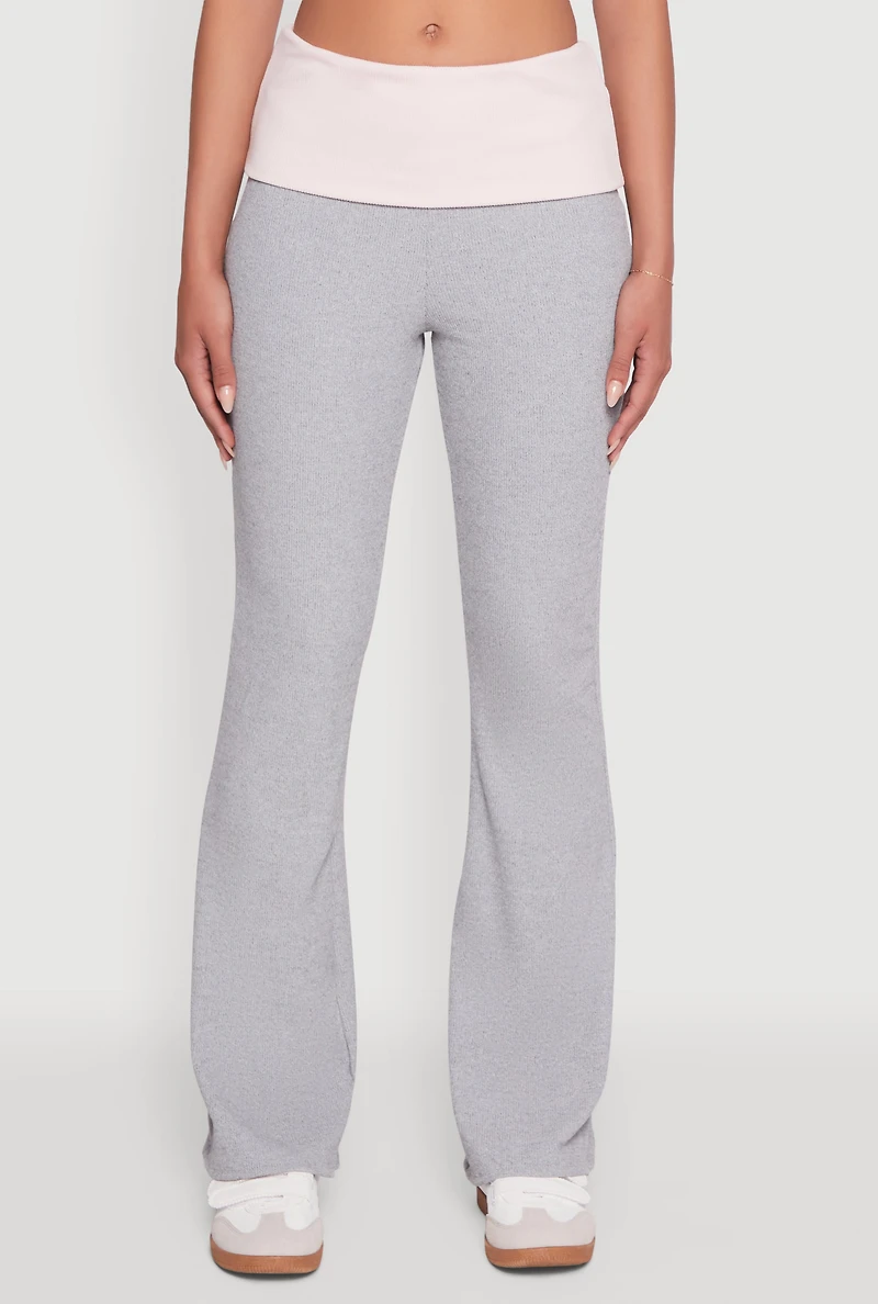 Womens Stylish Rib Knit Contrast Fold Over Bootcut Pants, Multi,