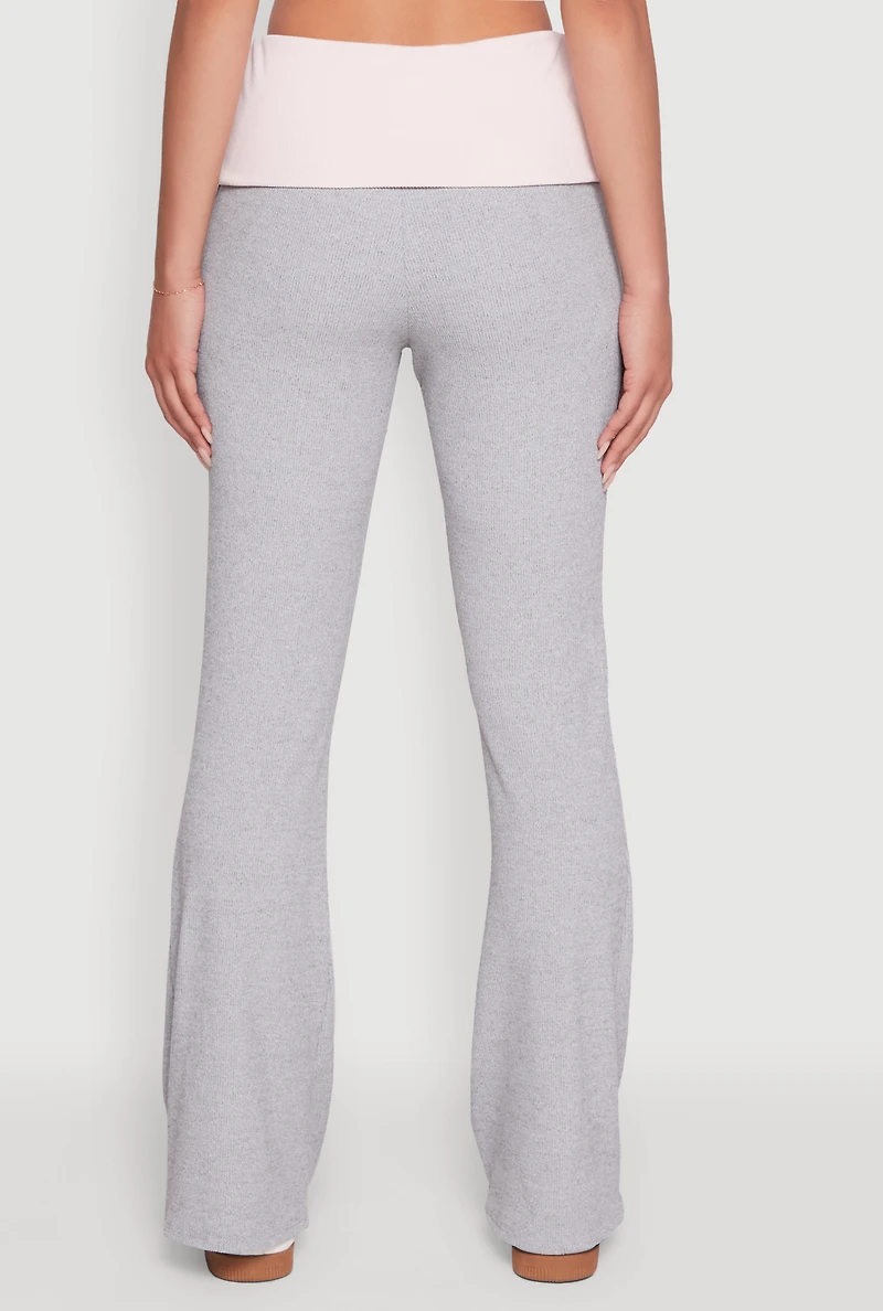 Womens Stylish Rib Knit Contrast Fold Over Bootcut Pants, Multi,