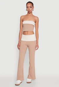 Womens Stylish Rib Knit Contrast Fold Over Bootcut Pants, Khaki, Size S