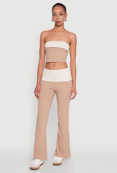 Womens Stylish Rib Knit Contrast Fold Over Bootcut Pants,