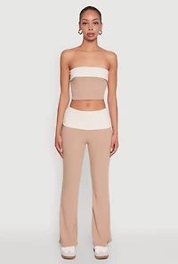 Womens Stylish Rib Knit Contrast Fold Over Bootcut Pants, Khaki, Size L