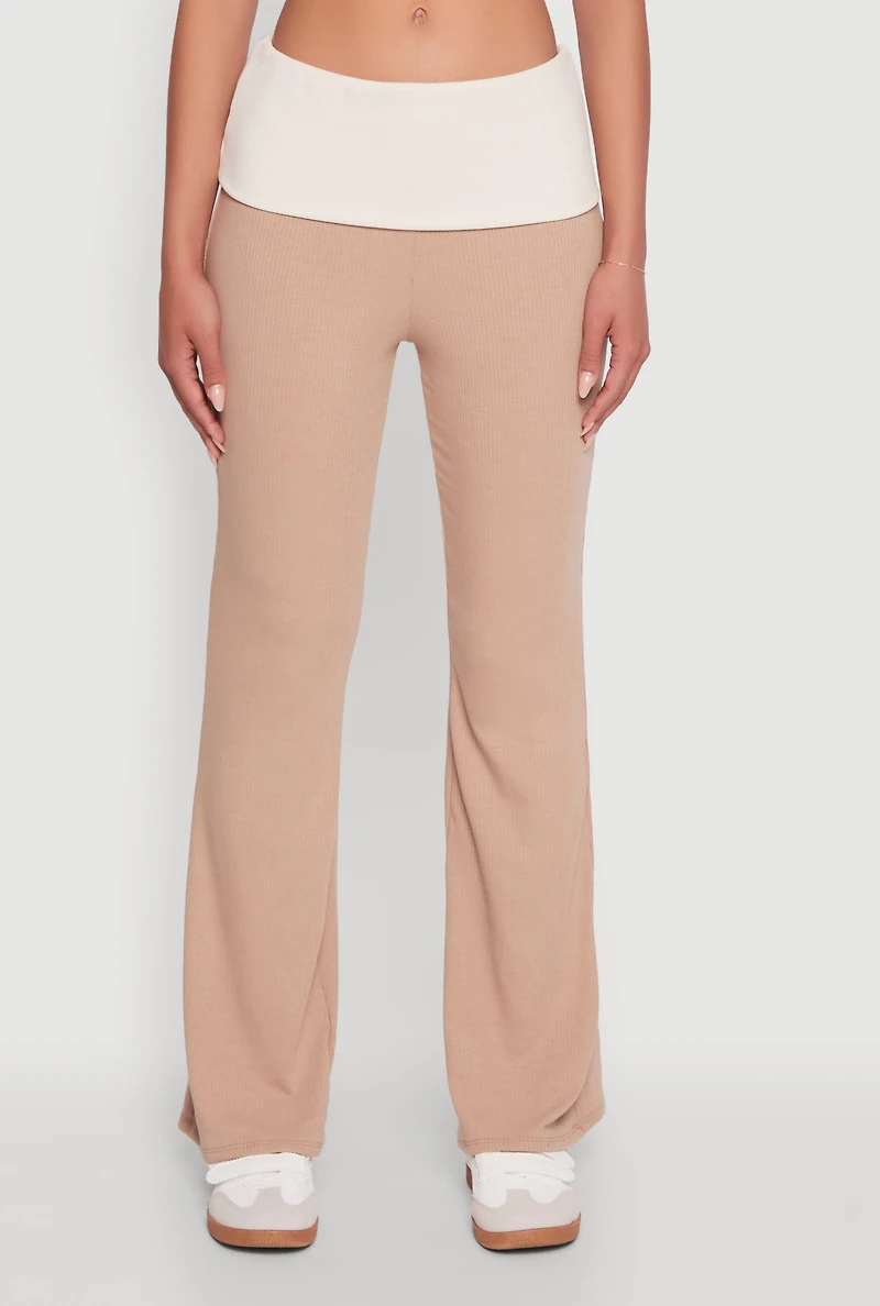 Womens Stylish Rib Knit Contrast Fold Over Bootcut Pants, Khaki, Size S