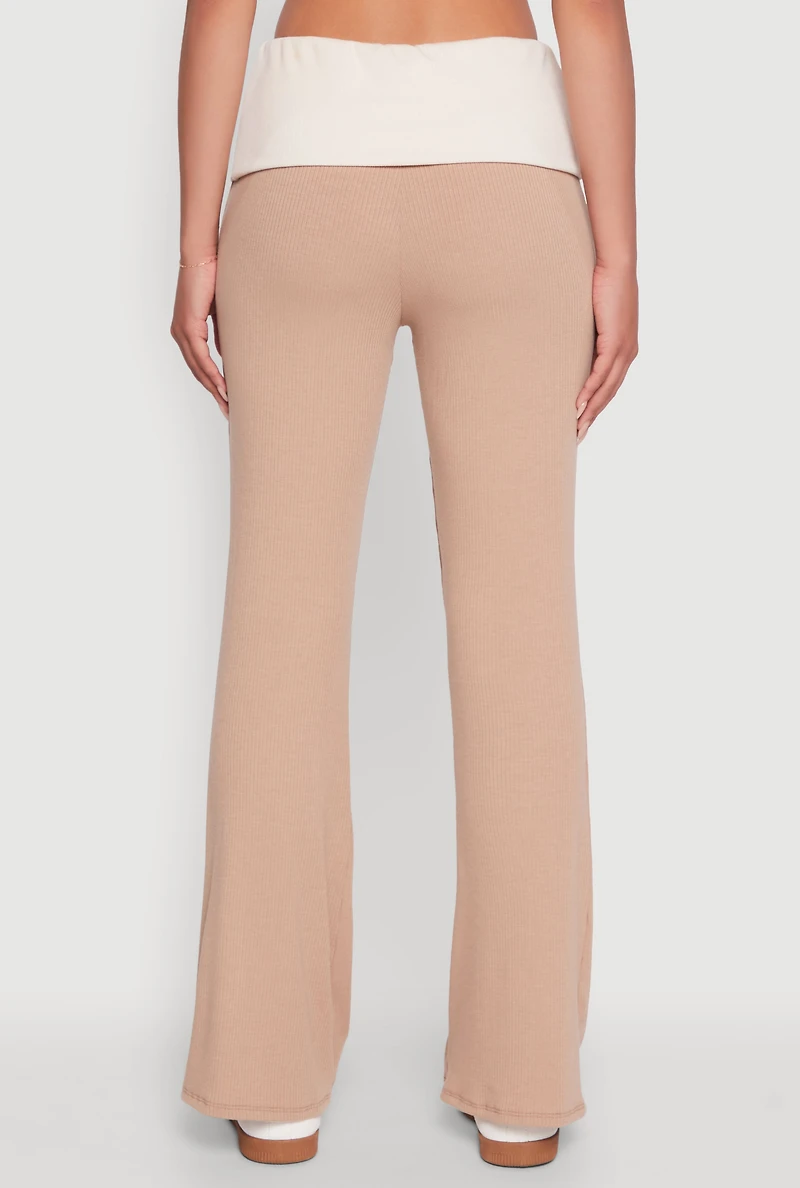 Womens Stylish Rib Knit Contrast Fold Over Bootcut Pants, Khaki, Size S