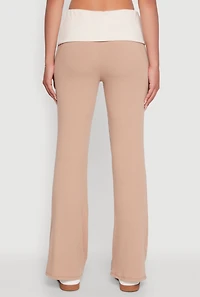 Womens Stylish Rib Knit Contrast Fold Over Bootcut Pants, Khaki, Size S
