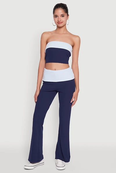 Womens Stylish Rib Knit Contrast Fold Over Bootcut Pants,