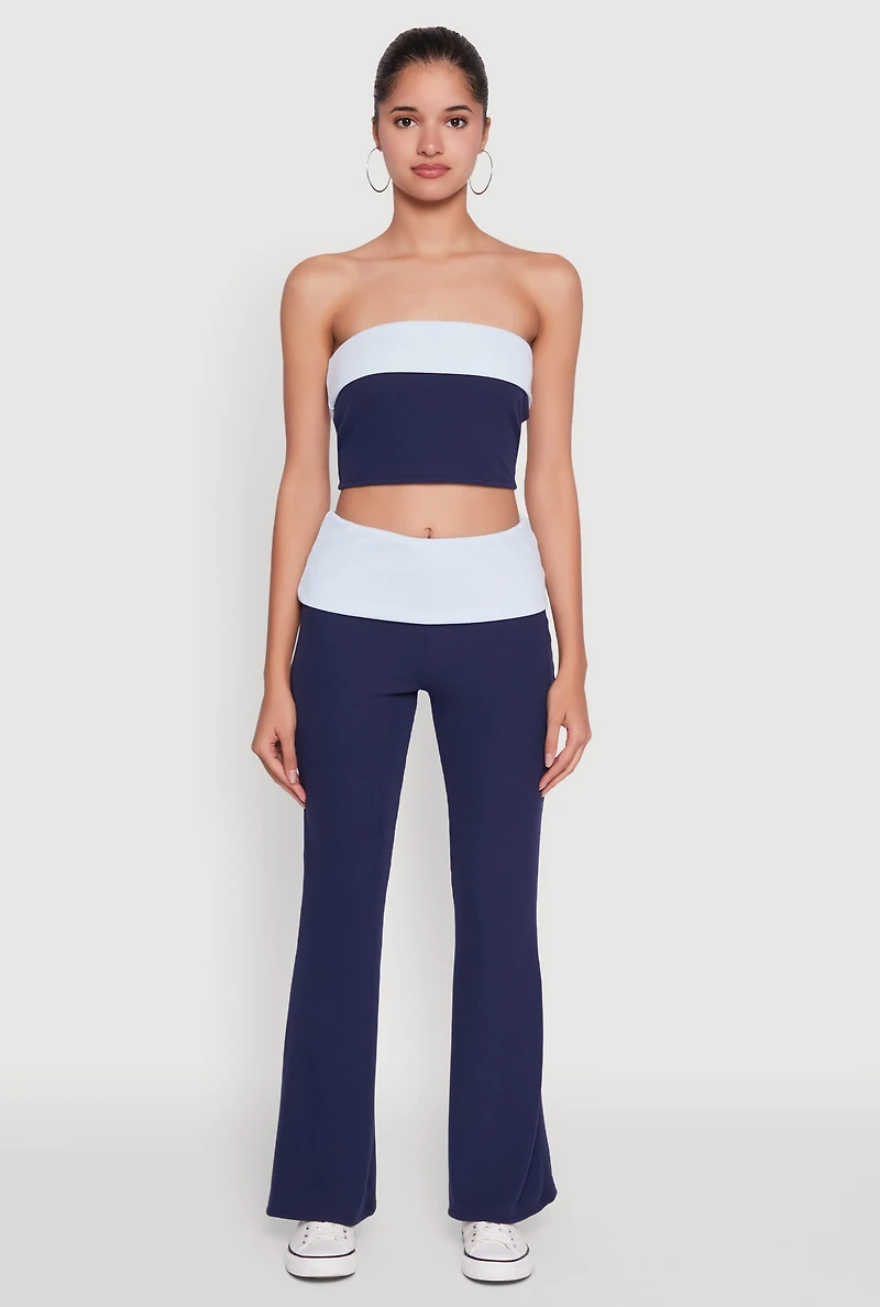 Womens Stylish Rib Knit Contrast Fold Over Bootcut Pants, Blue, Size S