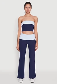 Womens Stylish Rib Knit Contrast Fold Over Bootcut Pants, Blue, Size S