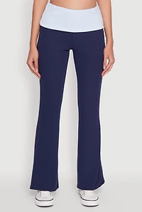 Womens Stylish Rib Knit Contrast Fold Over Bootcut Pants, Blue, Size S