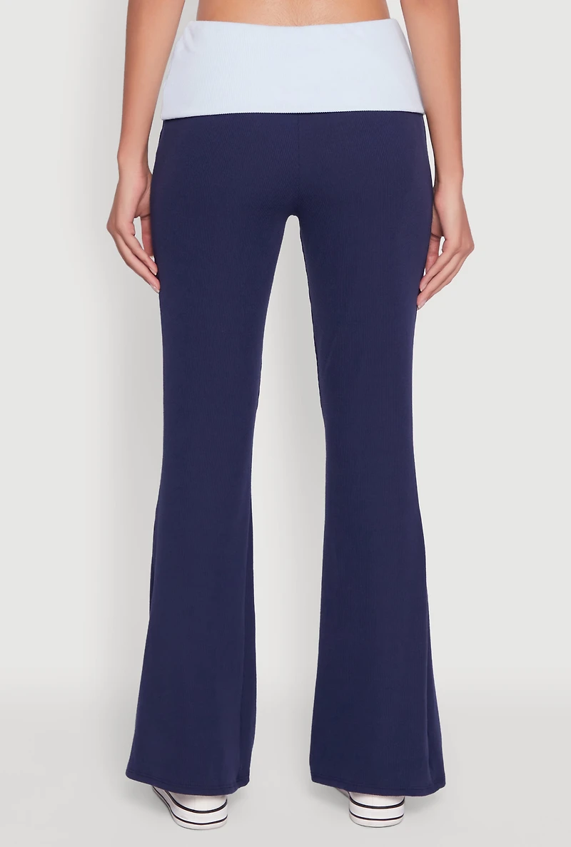 Womens Stylish Rib Knit Contrast Fold Over Bootcut Pants, Blue, Size S