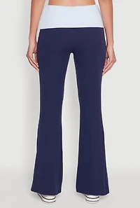Womens Stylish Rib Knit Contrast Fold Over Bootcut Pants, Blue, Size S