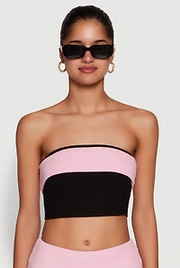 Stylish Rib Knit Contrast Fold Over Cropped Tube Top