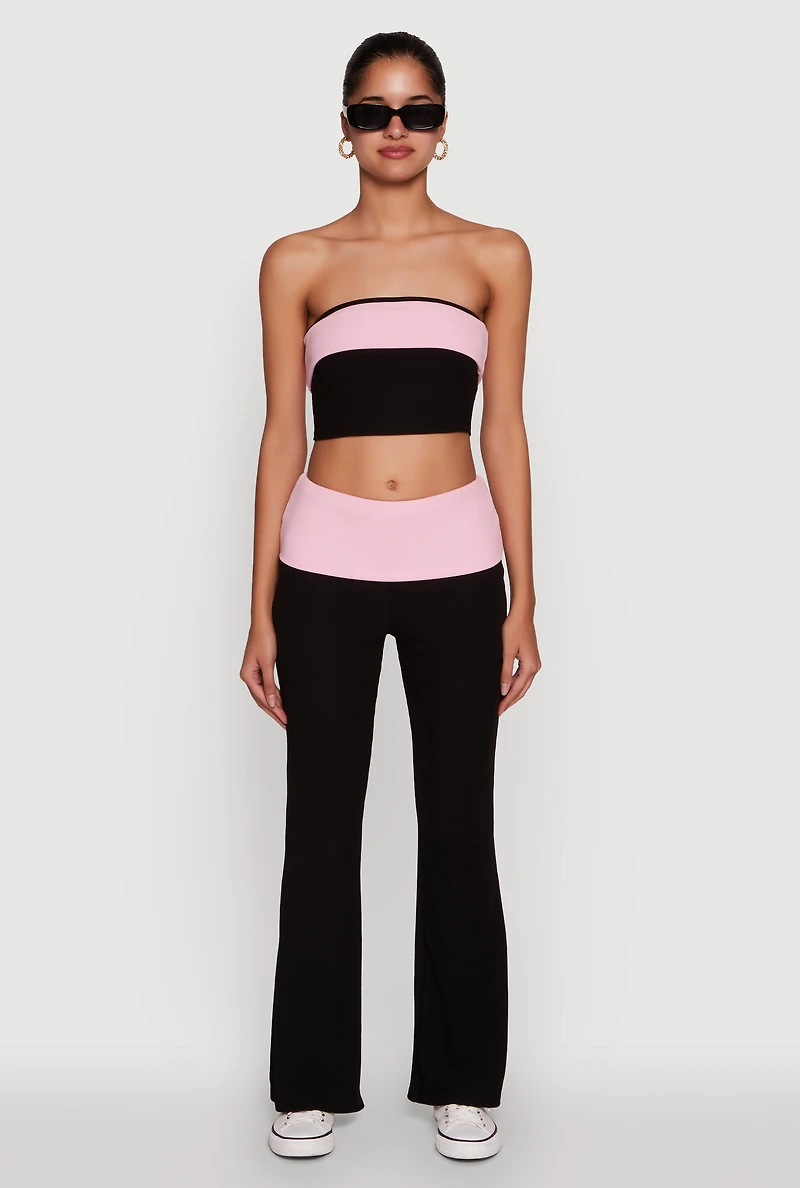 Stylish Rib Knit Contrast Fold Over Cropped Tube Top