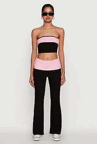 Stylish Rib Knit Contrast Fold Over Cropped Tube Top
