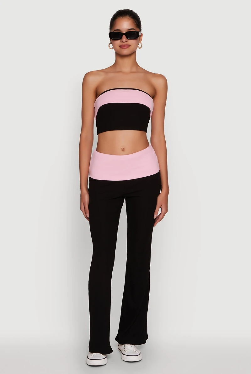 Stylish Rib Knit Contrast Fold Over Cropped Tube Top