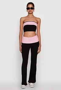 Stylish Rib Knit Contrast Fold Over Cropped Tube Top