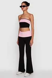 Stylish Rib Knit Contrast Fold Over Cropped Tube Top