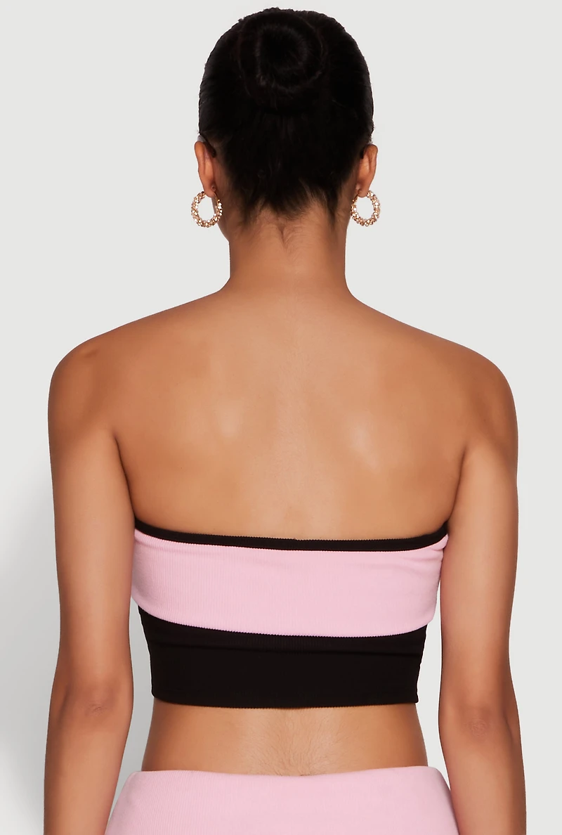 Stylish Rib Knit Contrast Fold Over Cropped Tube Top