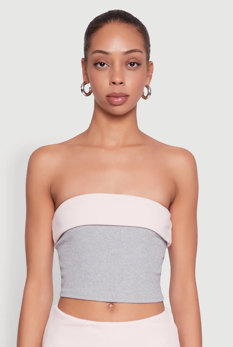 Womens Stylish Rib Knit Contrast Fold Over Cropped Tube Top, Multi, Size L