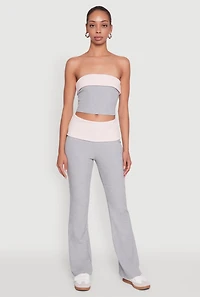 Womens Stylish Rib Knit Contrast Fold Over Cropped Tube Top, Multi, Size L