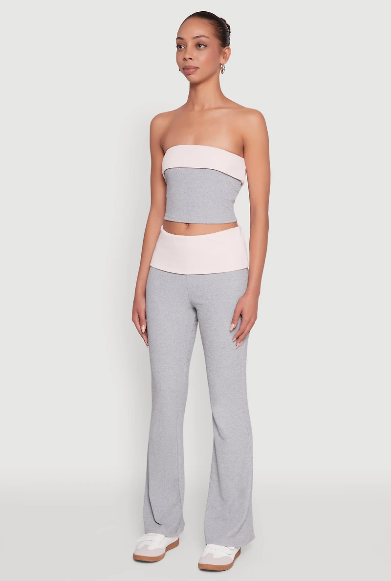 Womens Stylish Rib Knit Contrast Fold Over Cropped Tube Top, Multi, Size L