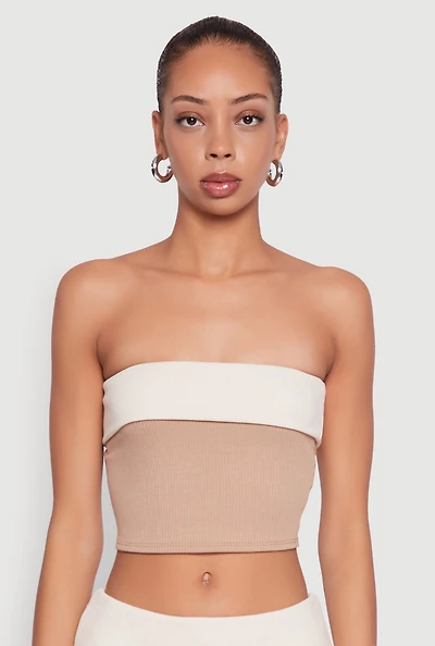 Womens Stylish Rib Knit Contrast Fold Over Cropped Tube Top,