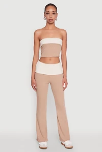 Womens Stylish Rib Knit Contrast Fold Over Cropped Tube Top, Beige, Size M