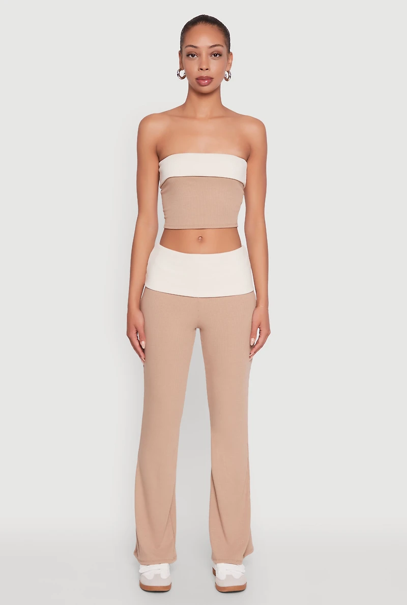 Womens Stylish Rib Knit Contrast Fold Over Cropped Tube Top, Beige, Size M