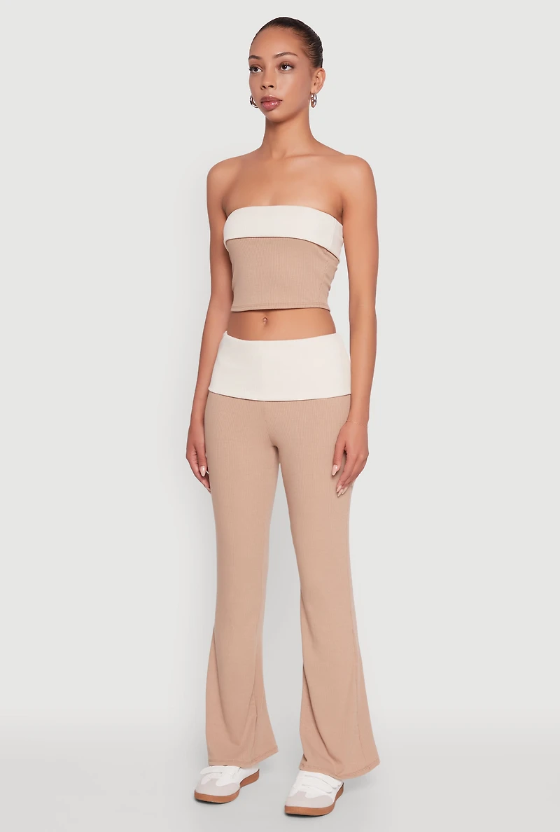 Womens Stylish Rib Knit Contrast Fold Over Cropped Tube Top, Beige, Size M