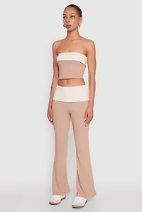 Womens Stylish Rib Knit Contrast Fold Over Cropped Tube Top, Beige, Size M