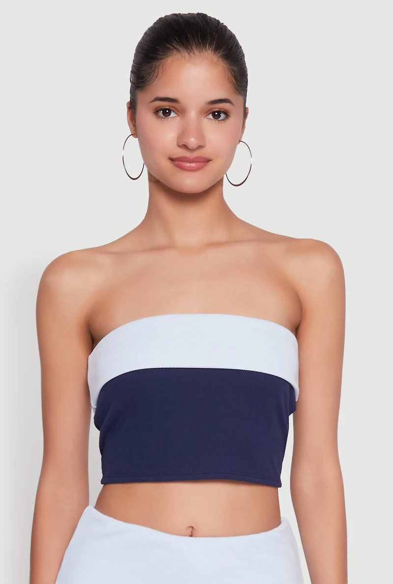 Womens Stylish Rib Knit Contrast Fold Over Cropped Tube Top, Blue, Size M