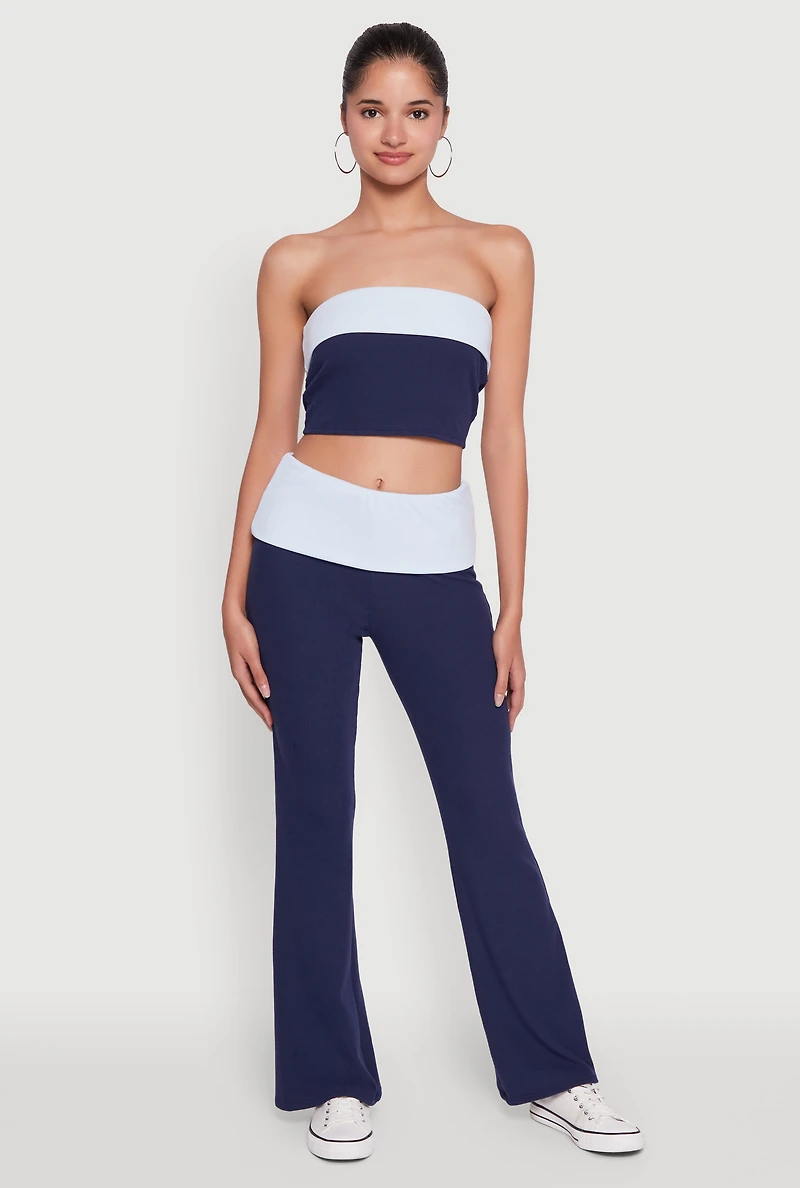 Womens Stylish Rib Knit Contrast Fold Over Cropped Tube Top, Blue, Size M