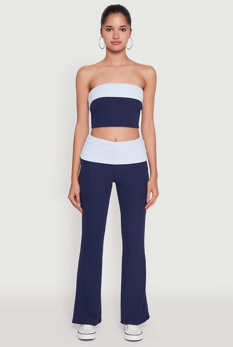 Womens Stylish Rib Knit Contrast Fold Over Cropped Tube Top, Blue, Size S